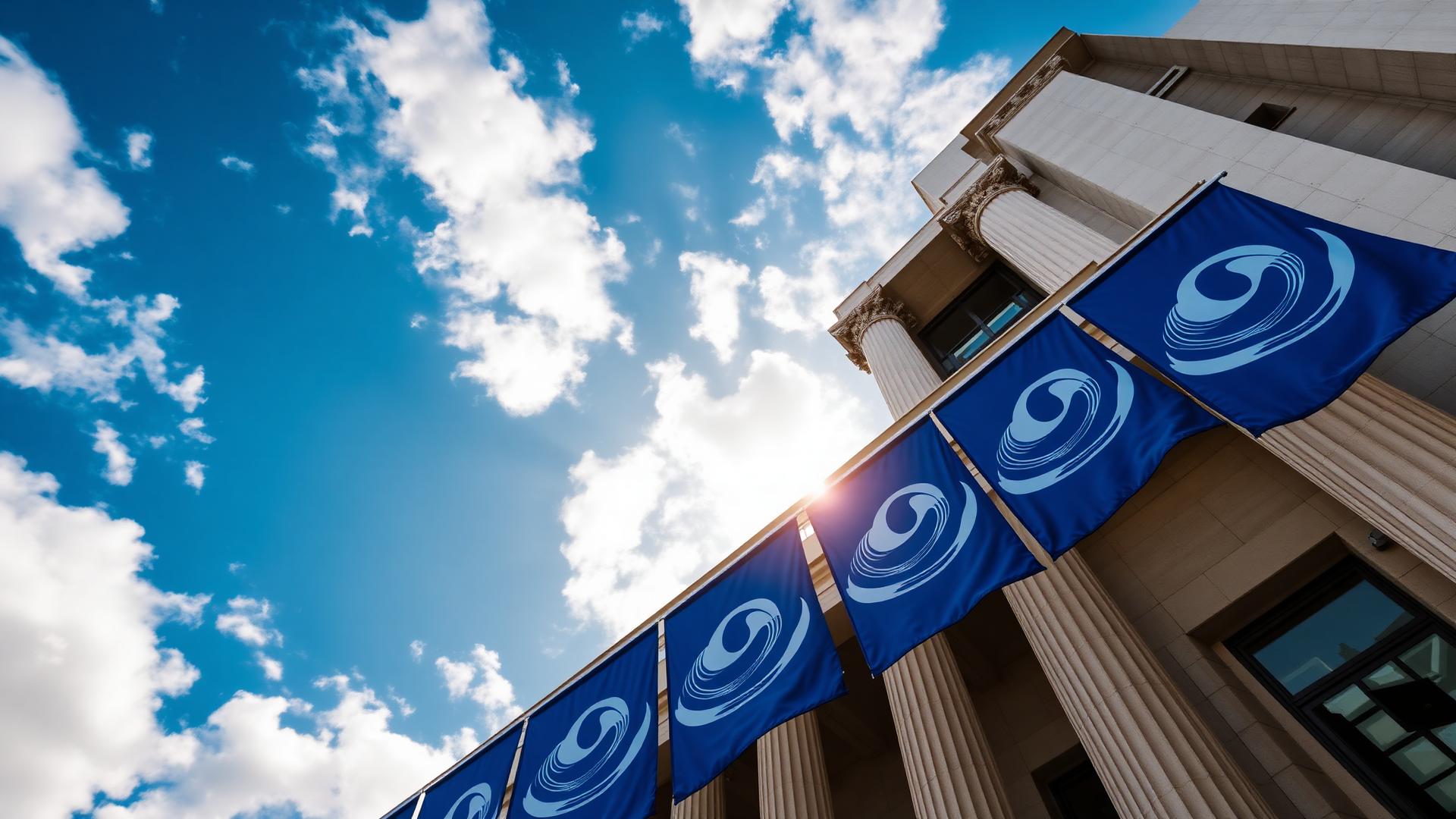 State institution facade with official banners